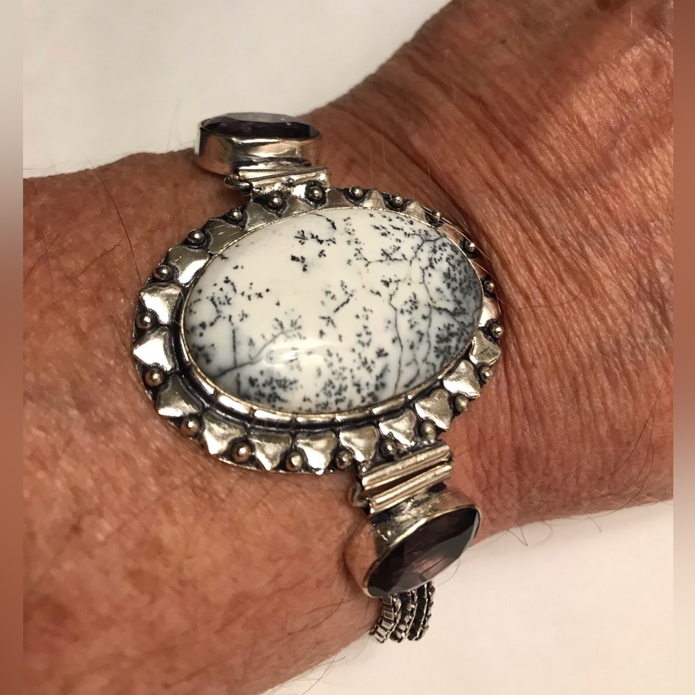 Dendritic Opal Amethyst Stamped 925 Sterling Silver Bracelet